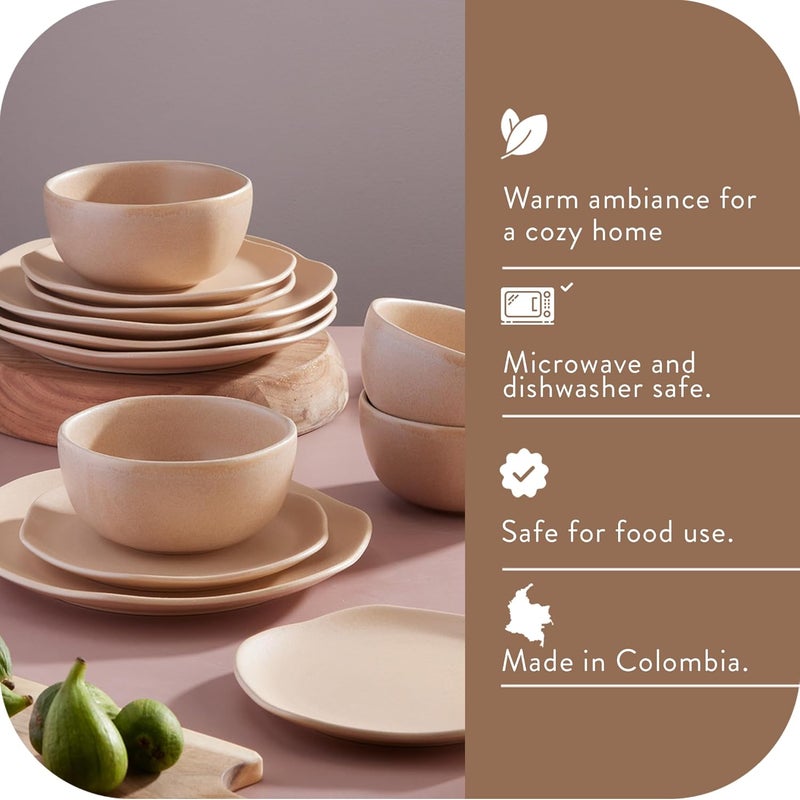 VAJILLAS Corona Corona Dinnerware Set 12piece Plates and Bowls Set Ceramic Sets for 4 Microwave and Dishwasher Safe Areia Modern Organic Shape - Image 3