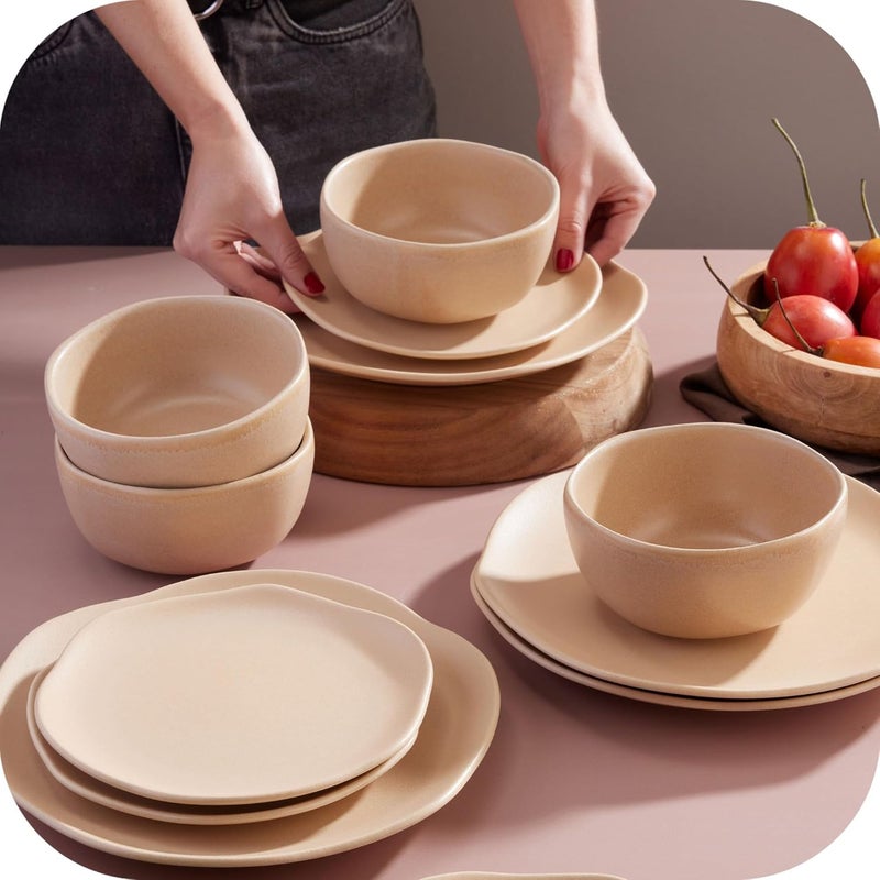 VAJILLAS Corona Corona Dinnerware Set 12piece Plates and Bowls Set Ceramic Sets for 4 Microwave and Dishwasher Safe Areia Modern Organic Shape - Image 4