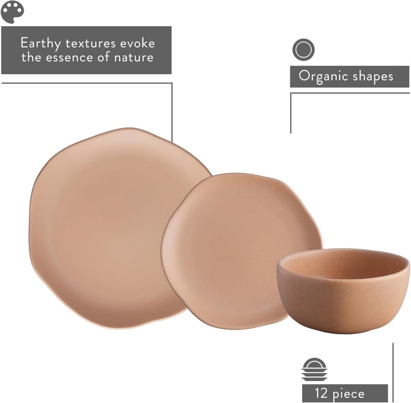 VAJILLAS Corona Corona Dinnerware Set 12piece Plates and Bowls Set Ceramic Sets for 4 Microwave and Dishwasher Safe Areia Modern Organic Shape - Image 2