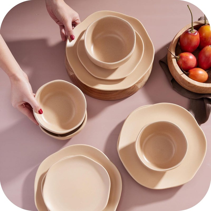 VAJILLAS Corona Corona Dinnerware Set 12piece Plates and Bowls Set Ceramic Sets for 4 Microwave and Dishwasher Safe Areia Modern Organic Shape - Image 5