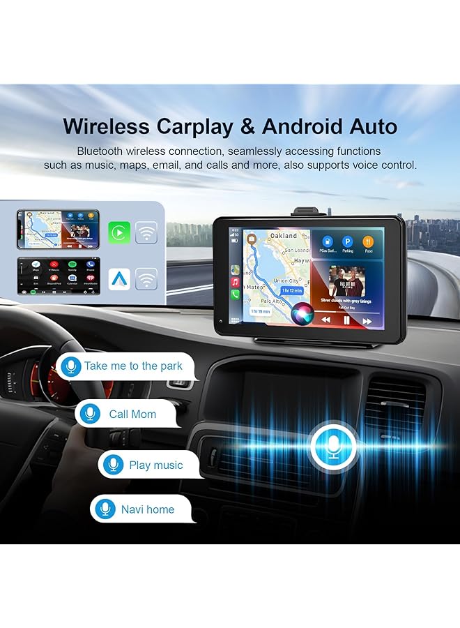 الثلاثة الكبار ستيريو سيارة لاسلكي Apple Carplay Android Auto، شاشة لمس محمولة 7 بوصة IPS شاشة Carplay راديو في وحدة الملاحة في لوحة القيادة مع بلوتوث، وصلة مرآة، التحكم الصوتي، كابل FM/AUX - Image 2