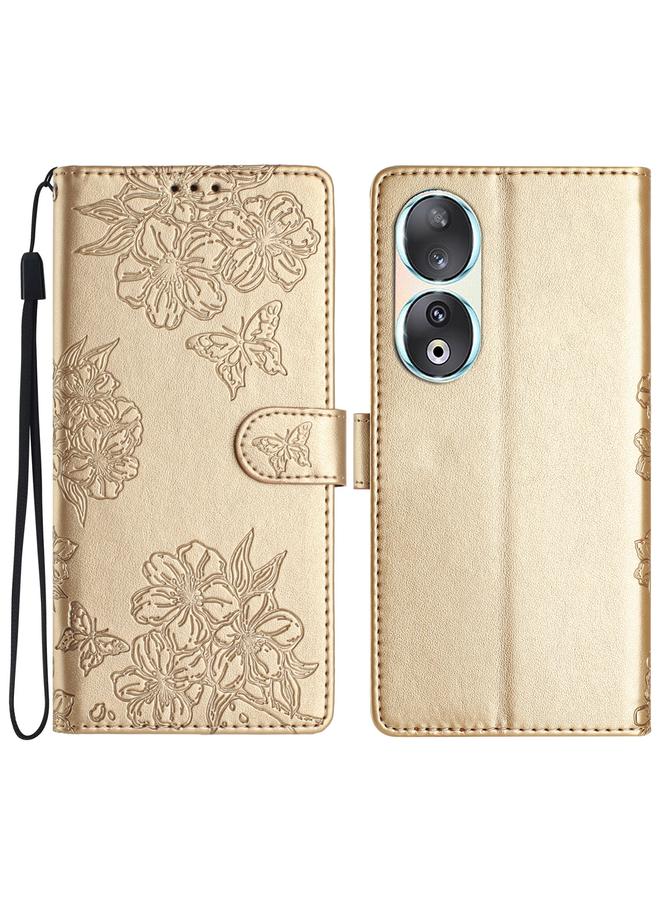 Green Tiger Case For Honor 90 Cherry Blossom Butterfly Skin Feel Embossed PU Phone Case - Image 1