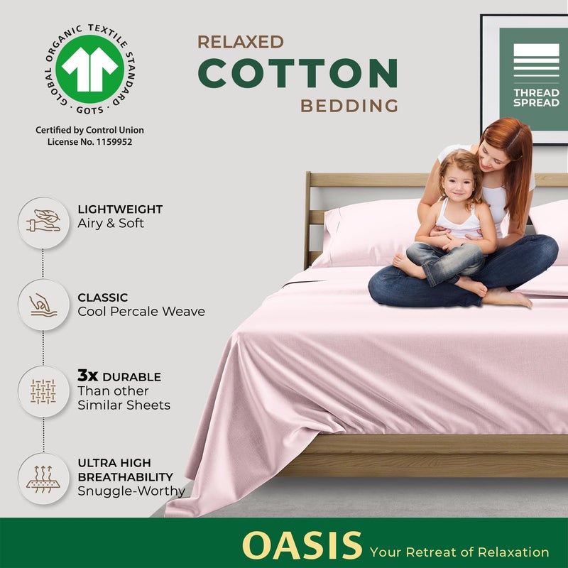 THREAD SPREAD 100% Organic Cotton Sheets Queen Size - 4 PC Organic Cotton Queen Size Percale Weave Sheet Set, Soft, Cooling, Crisp & Breathable, 16" Deep Pocket Hotel Quality Bedding Set - Blush - Image 2