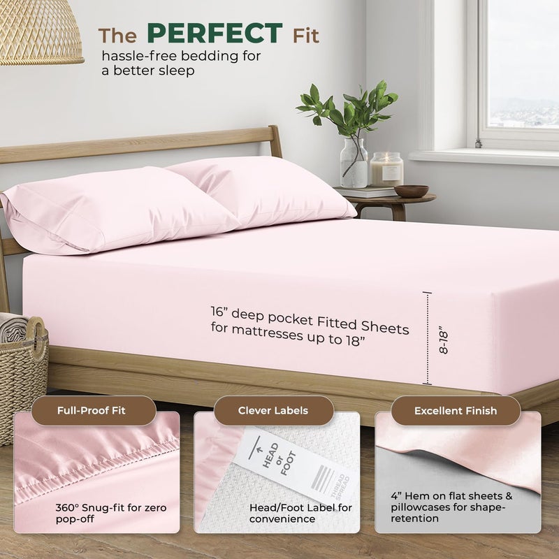 THREAD SPREAD 100% Organic Cotton Sheets Queen Size - 4 PC Organic Cotton Queen Size Percale Weave Sheet Set, Soft, Cooling, Crisp & Breathable, 16" Deep Pocket Hotel Quality Bedding Set - Blush - Image 4
