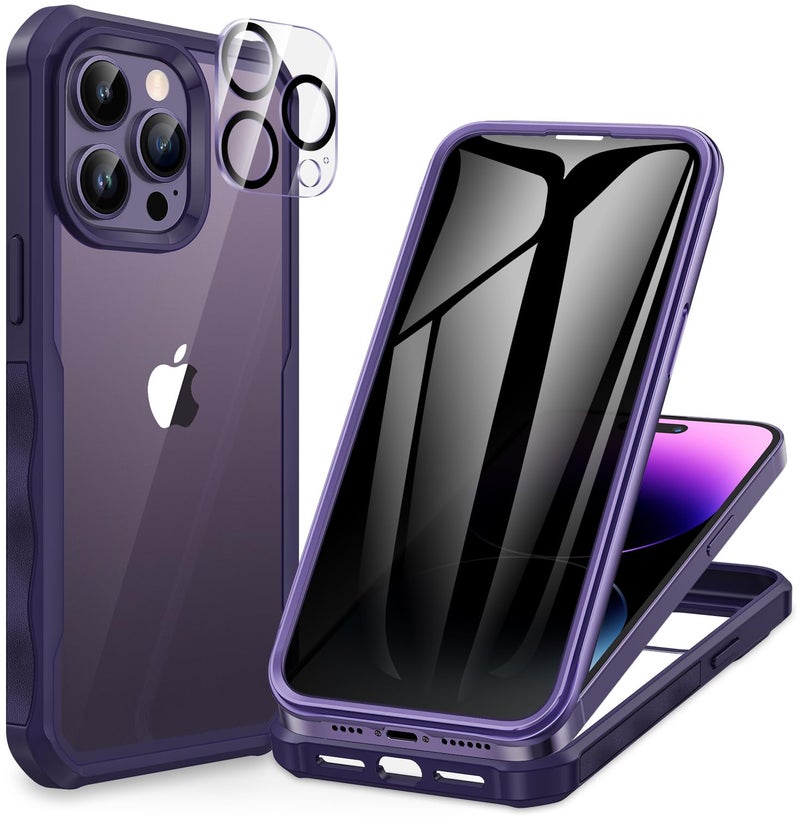 CENHUFO Privacy for iPhone 14 Pro Max Case, Full Body Phone Case with Built-in 9H Tempered Glass Privacy Screen Protector and Camera Lens Protector, Anti Peep Shockproof Bumper Cover - Deep Purple - Image 1