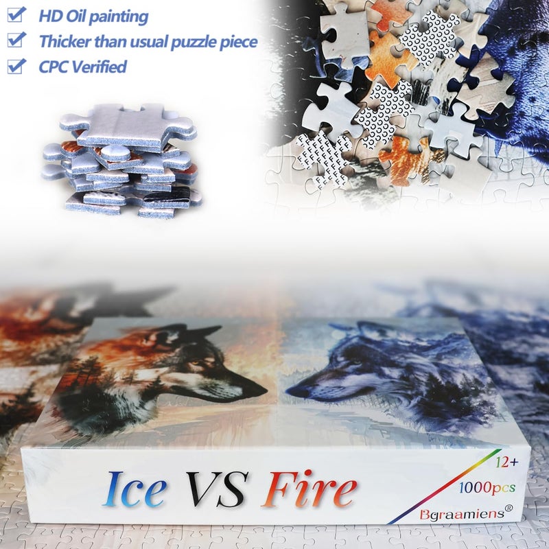 Bgraamiens Puzzle Ice VS Fire 1000 pieces Fantasy Double Exposure Wolf Puzzle Nature Animals Puzzle Impossible Hard Puzzle for Adults - Image 4