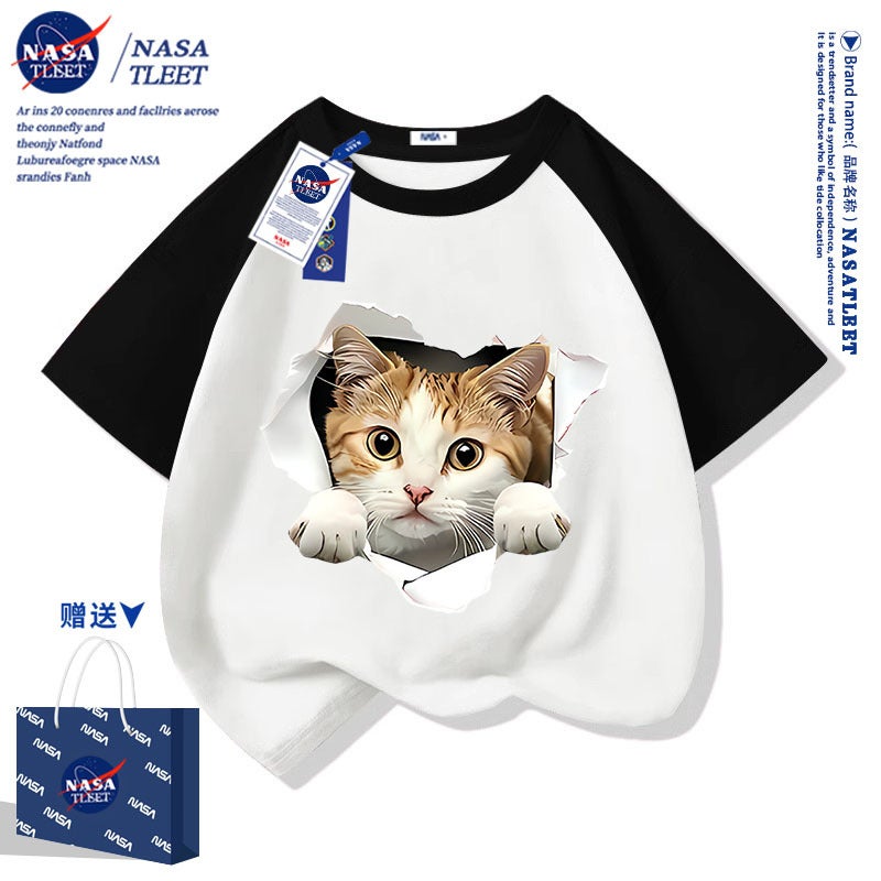Nasa Short-Sleeved New Cartoon Cartoon Loose Casual Short-Sleeved Summer Men'S And Women'S Children'S Western Style Cat T-Shirt Trendy - Image 1