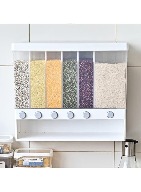 6 in1 Rice Dispenser Wall Mounted Plastic Dry Food Dispenser 10kg Transparent Rice Grain Storage Container Dry Food Storage Box Tank for Rice Nuts Beans Cereals