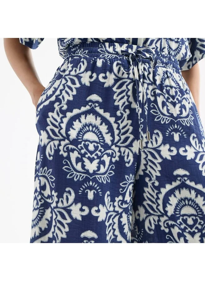 FAV All-Over Print Wide Leg Pants with Drawstring Closure and Pockets