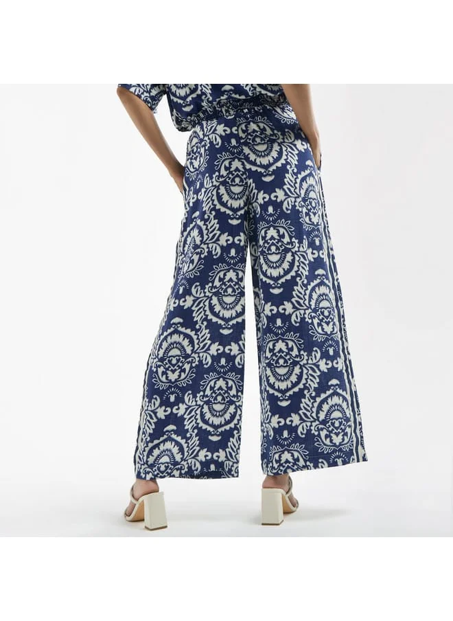 FAV All-Over Print Wide Leg Pants with Drawstring Closure and Pockets