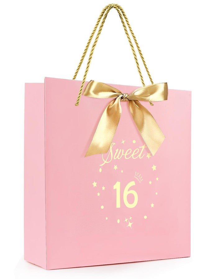 Yiran Birthday Gift Bag with Handles and Ribbon for 16 Year Old Gilrs Gift Wrapping, Sweet 16 Paper Gift Bags, Teens Happy Birthday Gift Bag, Pink and Gold Party Decorations Supplies - Image 1