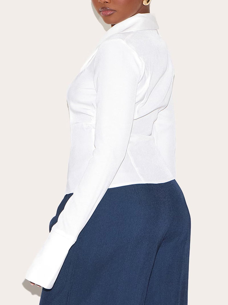 SUNNOW Women's Long Sleeve Shirt with Oversized Collar Slim Fit Blouse Elegant Stand Out Lapel Top (US, Alpha, Medium, Regular, Regular, White) - Image 2
