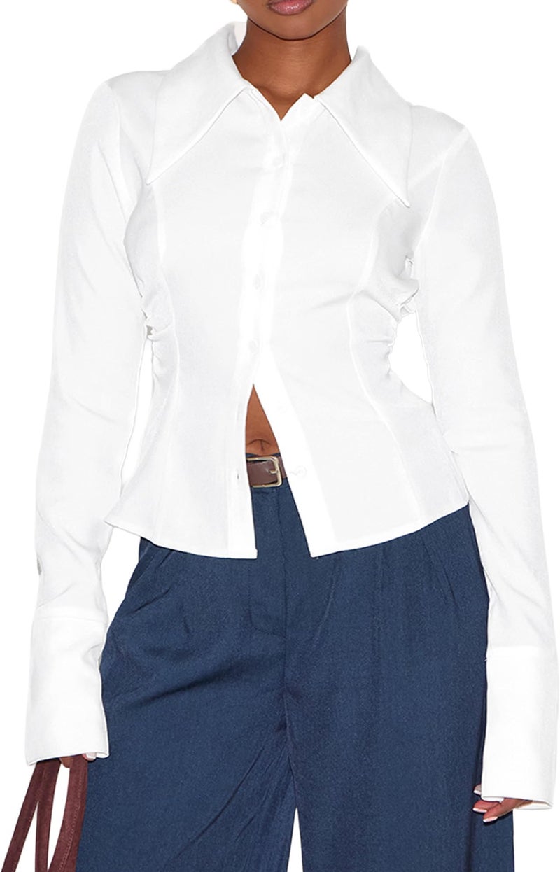 SUNNOW Women's Long Sleeve Shirt with Oversized Collar Slim Fit Blouse Elegant Stand Out Lapel Top (US, Alpha, Medium, Regular, Regular, White) - Image 1