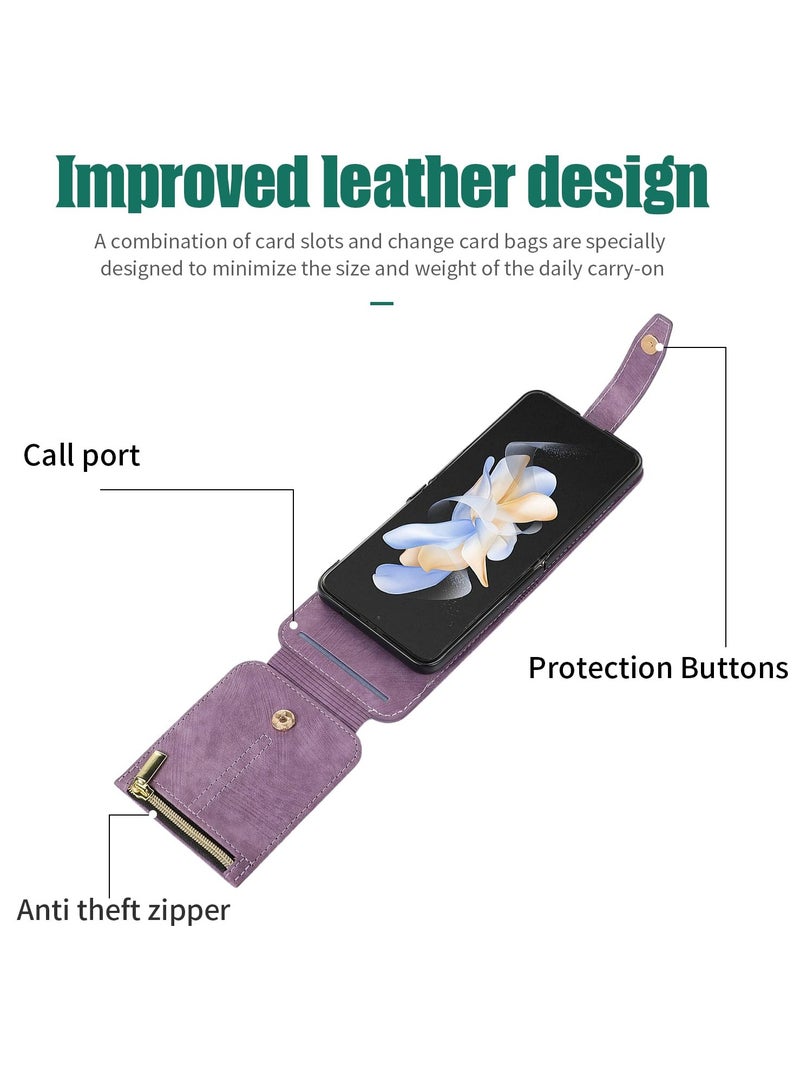 SYOSI Case for Samsung Galaxy Z Flip 5 5G, 3 Card Slots Retro Leather Wallet Shockproof Flip Cover with Hand Strap Card Slots Zipper Pocket Kickstand Handbag Magnetic Closure - Retro Purple - Image 5