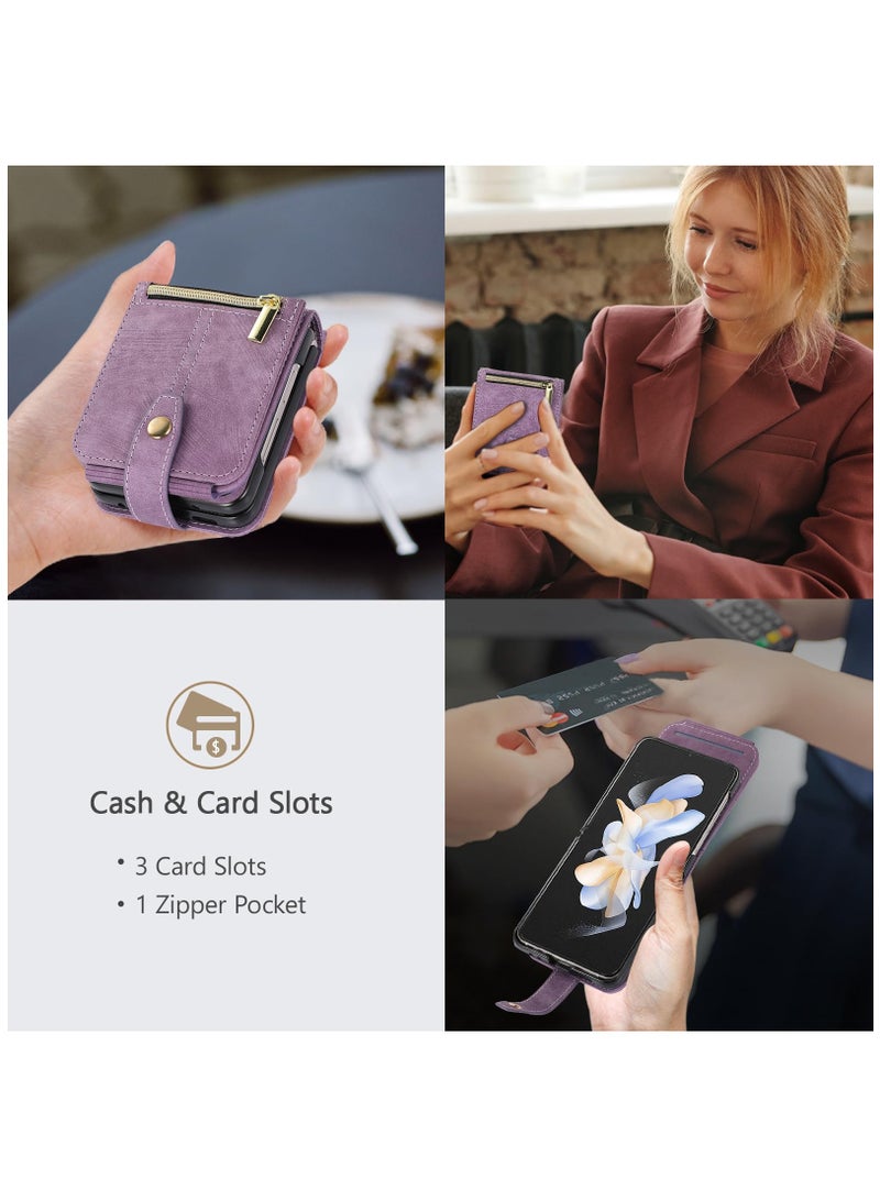 SYOSI Case for Samsung Galaxy Z Flip 5 5G, 3 Card Slots Retro Leather Wallet Shockproof Flip Cover with Hand Strap Card Slots Zipper Pocket Kickstand Handbag Magnetic Closure - Retro Purple - Image 3