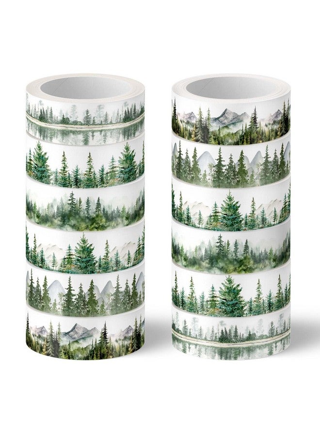 وولاين 12 لفة من شريط واشي الغابات، 6 تصاميم متنوعة من شريط واشي الأشجار الخضراء الطبيعية لتزيين سجل القصاصات والمجلات والحرف اليدوية وأدوات تغليف الهدايا - Image 1