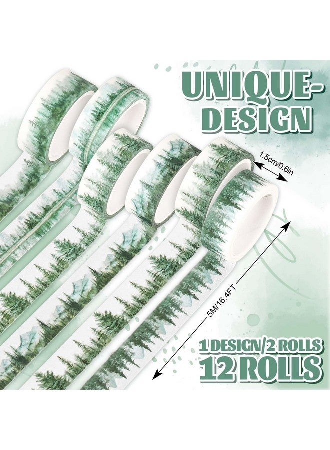 وولاين 12 لفة من شريط واشي الغابات، 6 تصاميم متنوعة من شريط واشي الأشجار الخضراء الطبيعية لتزيين سجل القصاصات والمجلات والحرف اليدوية وأدوات تغليف الهدايا - Image 2