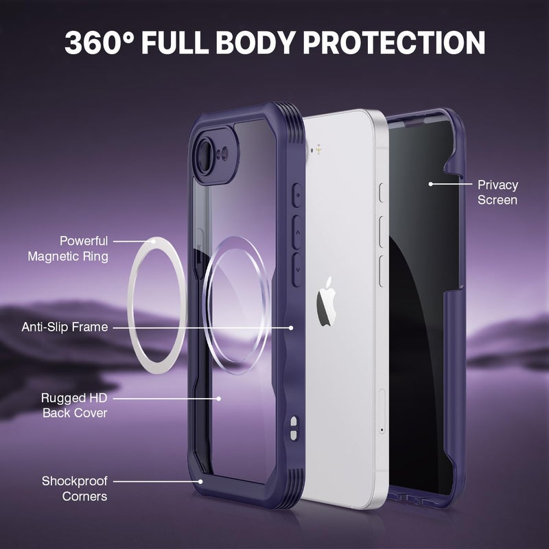 CENHUFO Magnetic Privacy for iPhone 16E Case [Compatible with Magsafe] Full Body Phone Case Built-in 9H Tempered Glass Privacy Screen Protector and Camera Protector, Shockproof Bumper Cover -Purple - Image 3