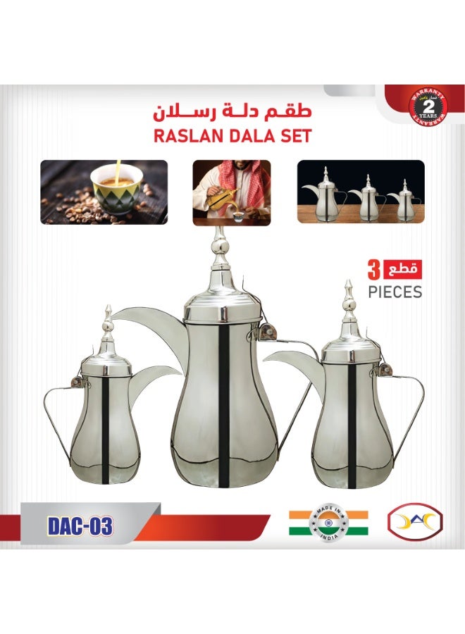 داك طقم دلة رسلان، طقم دلة قهوة عربية من الفولاذ، 3 قطع DAC-03