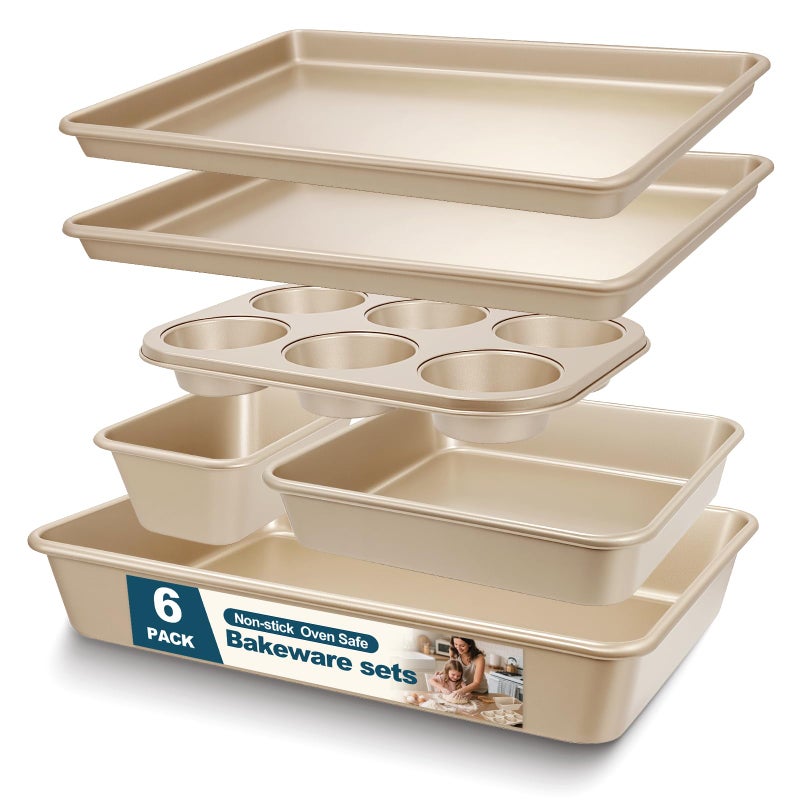 AIVIKI Baking Pans Set, Nonstick Stackable Bakeware Sets, Oven Pans for Cooking, AIVIKI 6 Pieces Baking Sheets Set Including Cookie Sheet, Deep Roaster Pan, Square Pan, Loaf Pan, Muffin Pan, Carbon Steel - Image 1
