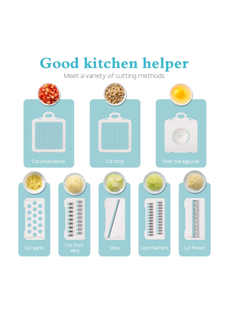 SOLARAE قطاعة خضار 14 في 1 وشرائح مانولين - مبشرة يدوية متعددة الوظائف وقطاعة للبصل والثوم والجزر والبطاطس والفواكه والسلطات - أداة مطبخ مثالية باللون الأزرق. - Image 2