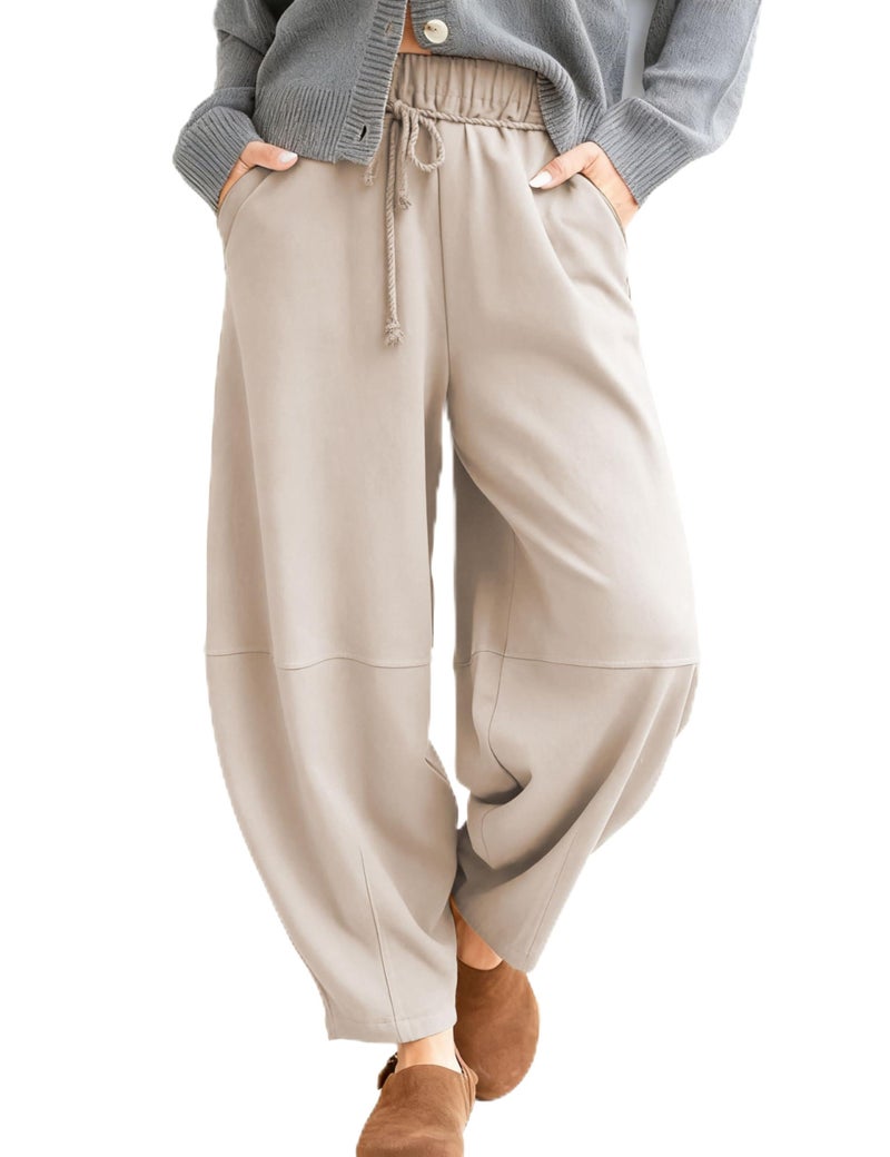 SeekMe Women's Barrel Leg Pants Drawstring Elastic Waist Palazzo Sweatpants Lounge Cotton Boho Trousers(0055-Khaki-M) - Image 1