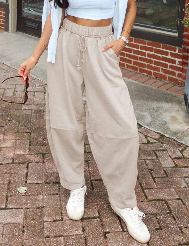 SeekMe Women's Barrel Leg Pants Drawstring Elastic Waist Palazzo Sweatpants Lounge Cotton Boho Trousers(0055-Khaki-M) - Image 2