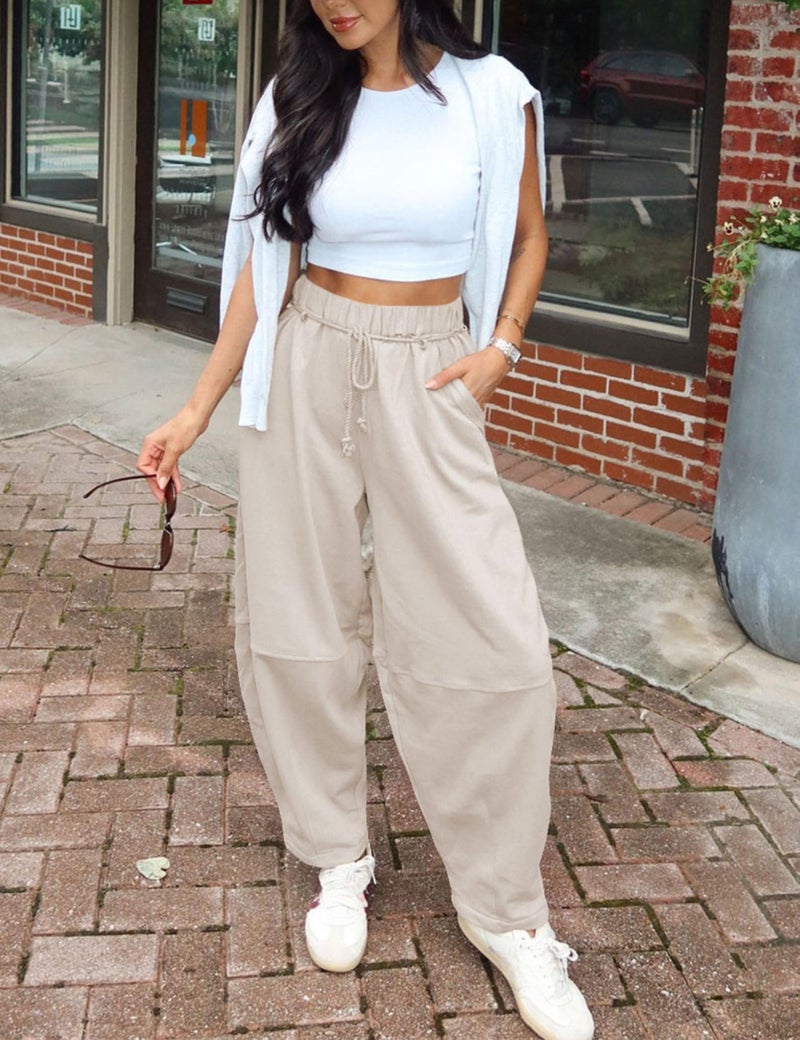 SeekMe Women's Barrel Leg Pants Drawstring Elastic Waist Palazzo Sweatpants Lounge Cotton Boho Trousers(0055-Khaki-M) - Image 4