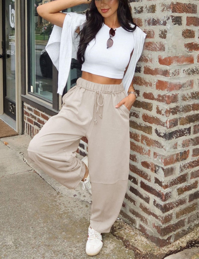 SeekMe Women's Barrel Leg Pants Drawstring Elastic Waist Palazzo Sweatpants Lounge Cotton Boho Trousers(0055-Khaki-M) - Image 5