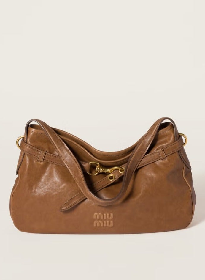 مياو مياو حقيبة أفنتشر نابا الجلدية، حقيبة كروس نسائية، حقيبة توت نسائية، حقيبة كتف نسائية، حقيبة يد نسائية، حقيبة سفر نسائية، بني فاتح - 32 سم - Image 1