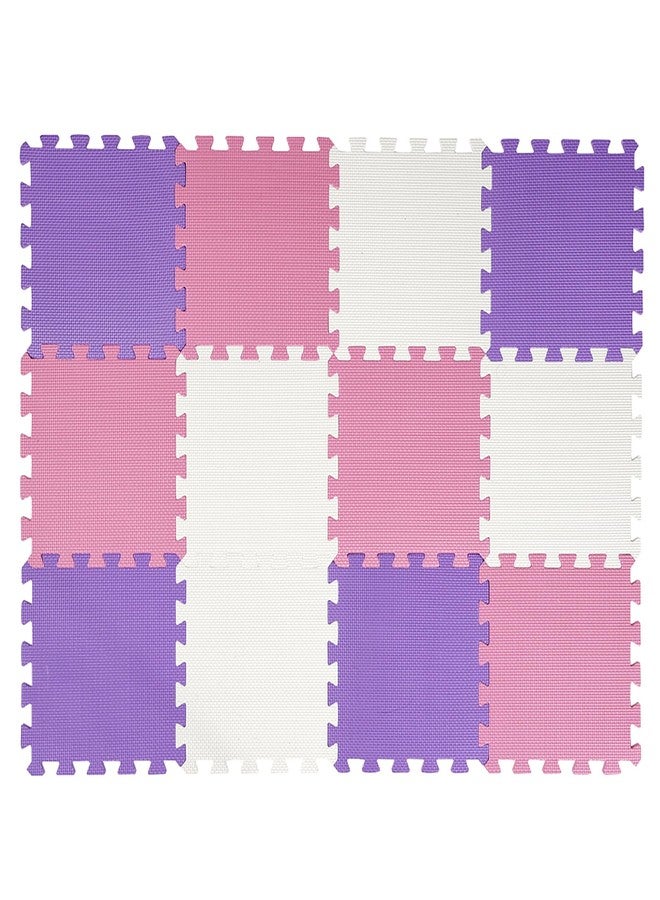 Flat River Group Easy Playhouse: 12 Soft Foam Floor Puzzle Tiles - Pink-Purple-White - 12" Interlocking Mat Pieces (4'x3'), Nursery, Playroom, Gym, Children & Adults - Image 1
