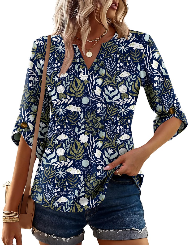 Kistore Womens Summer Tops 3/4 Sleeve V Neck Casual Work Blouses for Leggings 2026 Flowy Dressy Tshirts Navy Blue Print M - Image 2