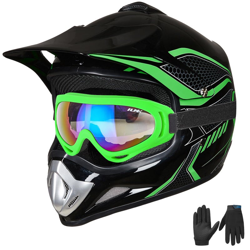 ILM Youth Kids Dirt Bike Helmet ATV Motocross DOT OffRoad Street Helmet Goggles Gloves Full Face Protective Helmet Model BLD818GreenYouthMedium