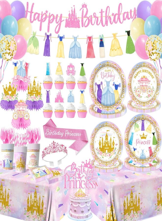 Cextoga Princess Birthday Party Decorations,191pcs Princess Party Decorations Tableware Pink princess Plates and Napkins Cups Tablecloth Banner Hanging Swirls Cake Topper for Girl Birthday Supplies,Serve 24 - Image 1