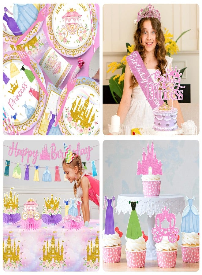 Cextoga Princess Birthday Party Decorations,191pcs Princess Party Decorations Tableware Pink princess Plates and Napkins Cups Tablecloth Banner Hanging Swirls Cake Topper for Girl Birthday Supplies,Serve 24 - Image 5