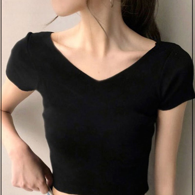 Summer Slim Fit V Neck Short Sleeve Top Black  - Image 4