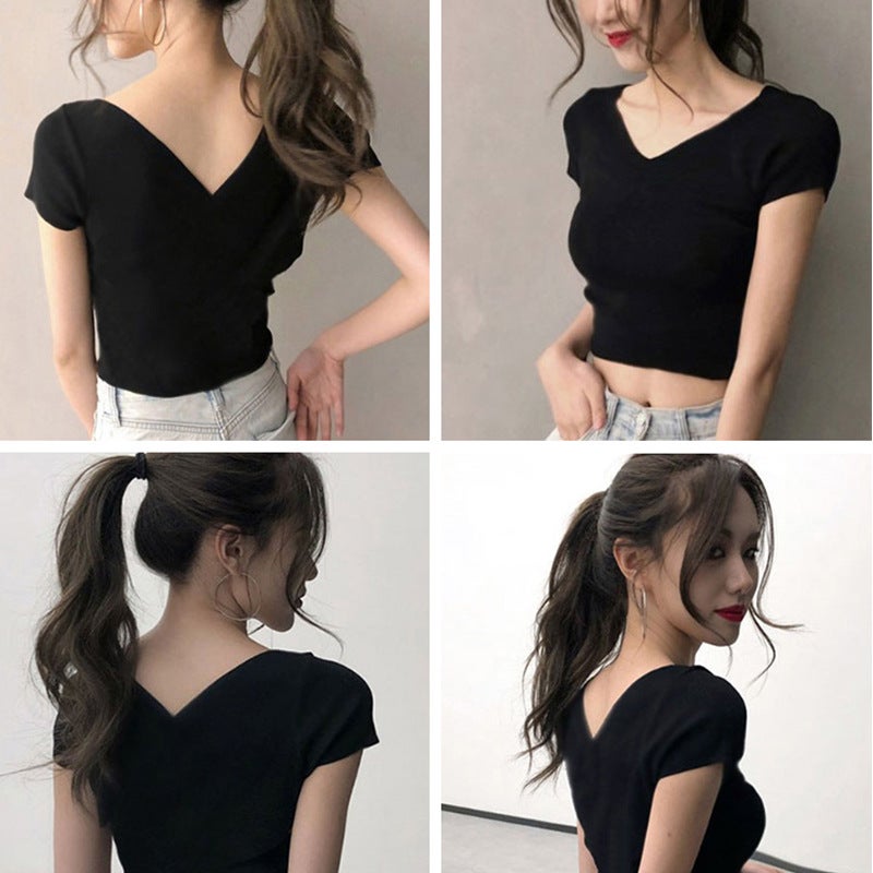 Summer Slim Fit V Neck Short Sleeve Top Black  - Image 3