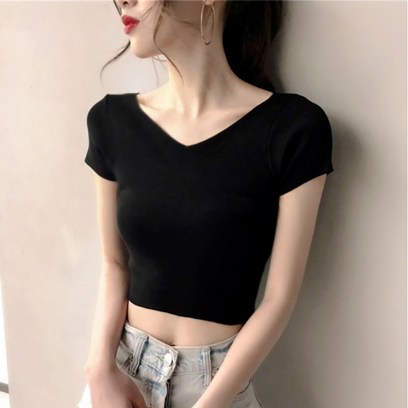 Summer Slim Fit V Neck Short Sleeve Top Black  - Image 1