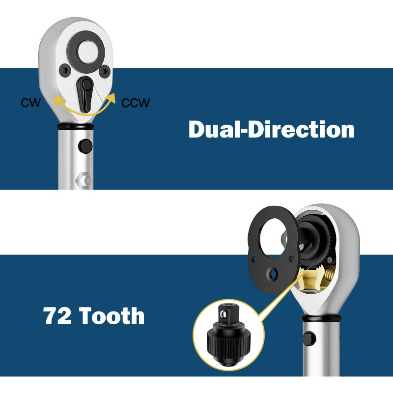 VANPO 1/4 3/8 1/2-inch Drive Click Torque Wrench, 3Pcs Torque Wrench Set 20-240 in.lb, 5-45 ft.lb, 20-160 ft.lb, Dual-Direction Adjustable 72-Tooth Torque Wrench for Bike, Moto, Car Maintenance - Image 4