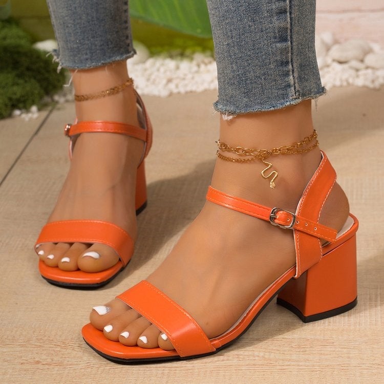 Large Size Sandals for Women, and Style, White Double-Strap Square-Toe Chunky Heel Party Shoes, Wholesale Square-Toe Chunky Heel Sandals - Image 2