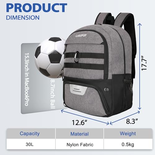 LARIPOP Soccer Backpack Bag with Ball Holder Ventilated Shoe Compartment Large Capacity Youth Sports Gear Bag for Basketball Volleyball Gym - Image 3
