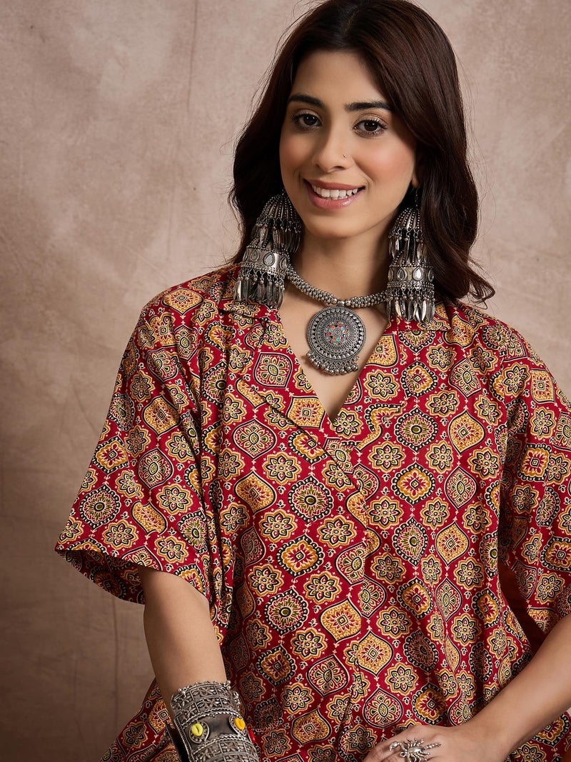 InWeave Women Ethnic Printed V-Neck Cotton A-Line Dress Multicolor - Image 4