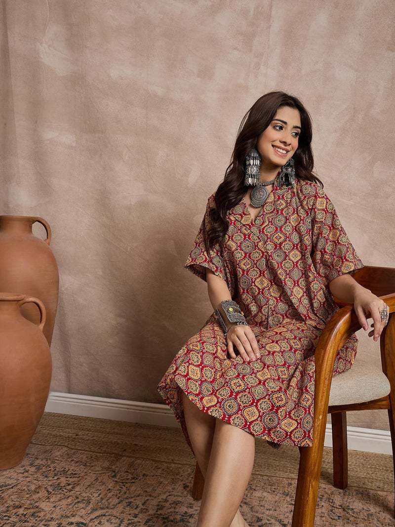 InWeave Women Ethnic Printed V-Neck Cotton A-Line Dress Multicolor - Image 5
