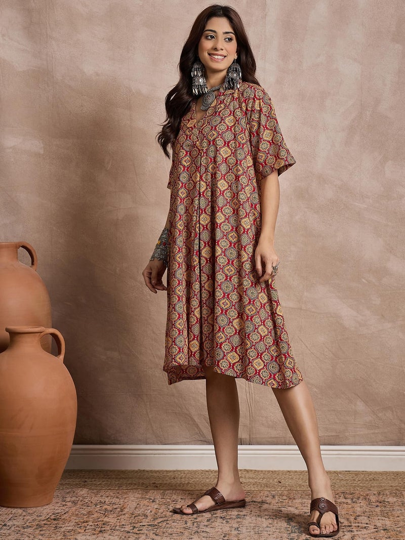 InWeave Women Ethnic Printed V-Neck Cotton A-Line Dress Multicolor - Image 2