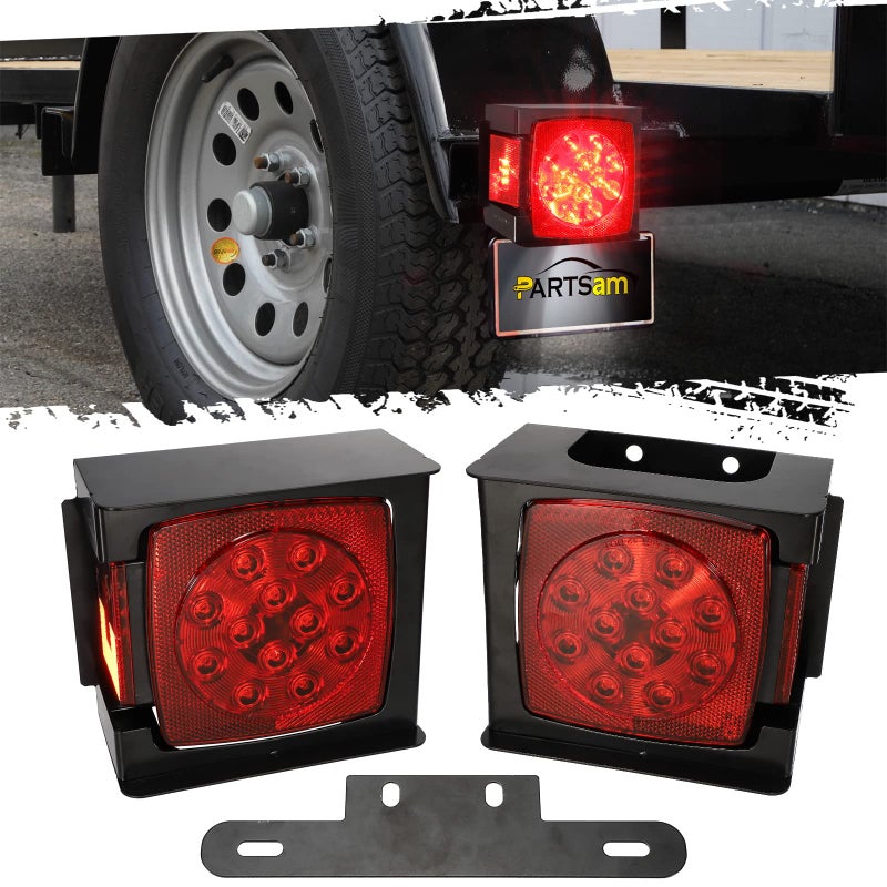 Partsam 2pcs Waterproof Square Led Trailer Light Kit Red LED Stop Turn Tail License Brake Running Light Lamp w Steel Mounting Boxes License Bracket for Under 80 Trailer Boat Truck IP68 DOT Approved