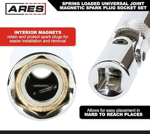 ARES 11080 – 3-Piece Spring Loaded Universal Joint Magnetic Spark Plug Socket Set – 3/8-Inch Drive – Spring Loaded Design Keeps U-Joints Steady – Magnetic Sockets Easily Access Recessed Spark Plugs - Image 3