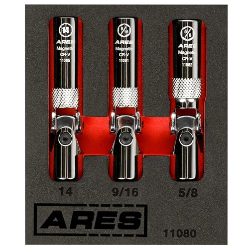 ARES 11080 – 3-Piece Spring Loaded Universal Joint Magnetic Spark Plug Socket Set – 3/8-Inch Drive – Spring Loaded Design Keeps U-Joints Steady – Magnetic Sockets Easily Access Recessed Spark Plugs - Image 1