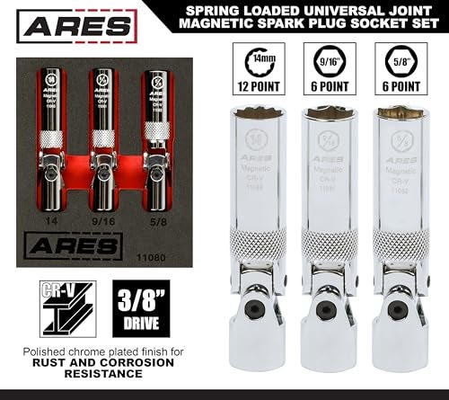 ARES 11080 – 3-Piece Spring Loaded Universal Joint Magnetic Spark Plug Socket Set – 3/8-Inch Drive – Spring Loaded Design Keeps U-Joints Steady – Magnetic Sockets Easily Access Recessed Spark Plugs - Image 2