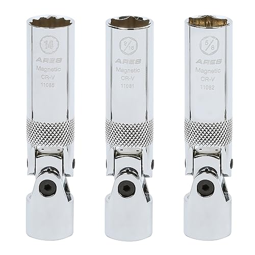 ARES 11080 – 3-Piece Spring Loaded Universal Joint Magnetic Spark Plug Socket Set – 3/8-Inch Drive – Spring Loaded Design Keeps U-Joints Steady – Magnetic Sockets Easily Access Recessed Spark Plugs - Image 5
