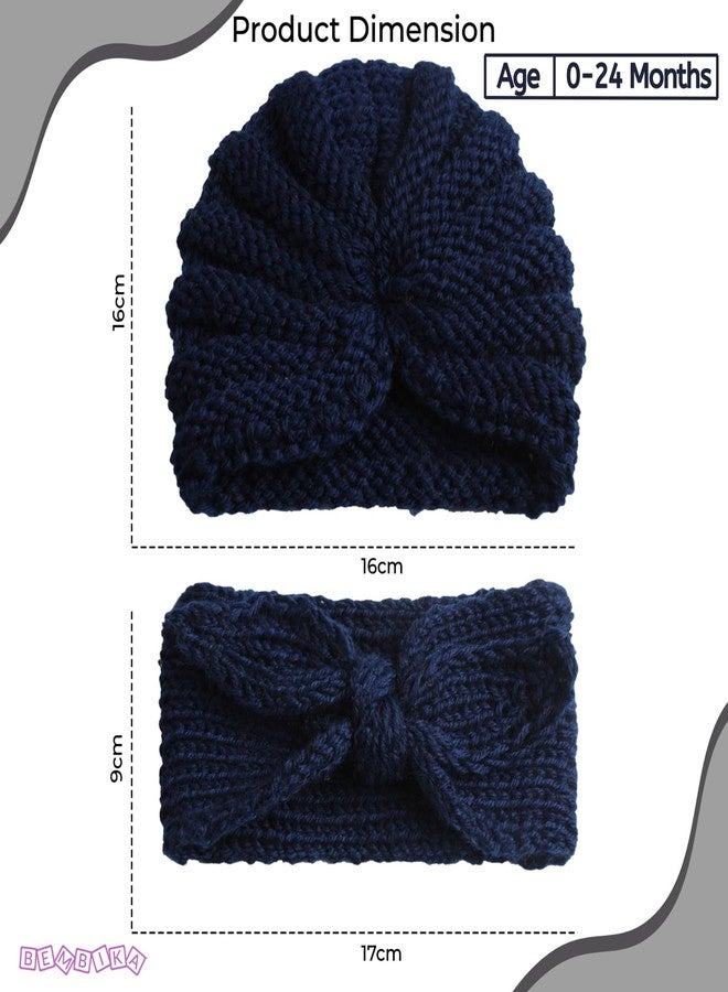 Bembika Beanie with Headband for Baby Girls – Soft & Stylish Hair Accessories, Elastic Newborn Headbands for Girls -(0–24 Months | Dark Blue) - Image 3